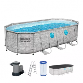 Каркасный бассейн BESTWAY POWER STEEL Ротанг 549х274х122см, 13430л + фильтр-насос 5678 л/ч, лестница, тент
